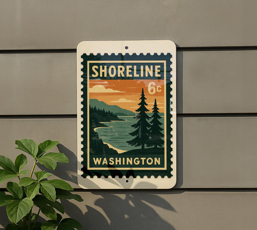 Shoreline Washington Metal Sign – Retro Postage Stamp Design Featuring Coastal Town Scene and Pacific Northwest Theme — photo 5