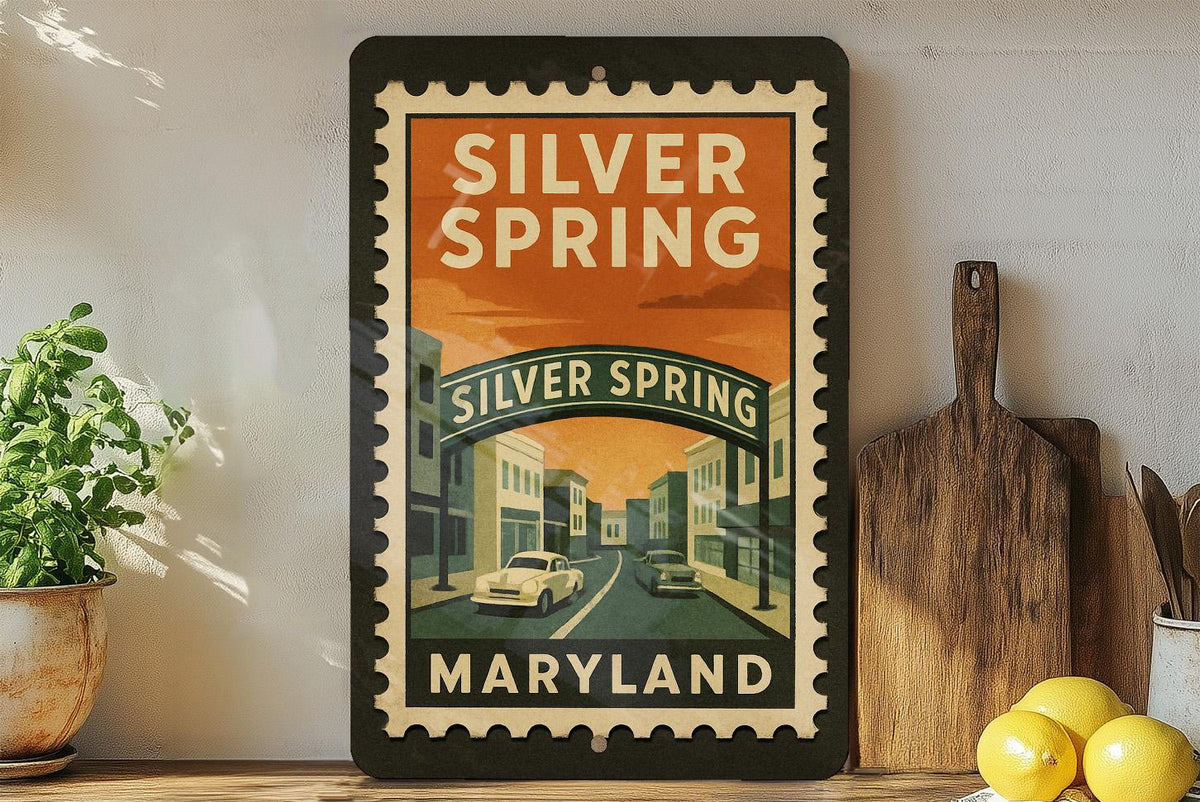 Silver Spring Maryland Metal Sign – Retro Postage Stamp Design Featuring Iconic Cityscape and Landmarks Decor — photo 2