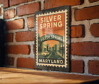 Silver Spring Maryland Metal Sign – Retro Postage Stamp Design Featuring Iconic Cityscape and Landmarks Decor — photo 3