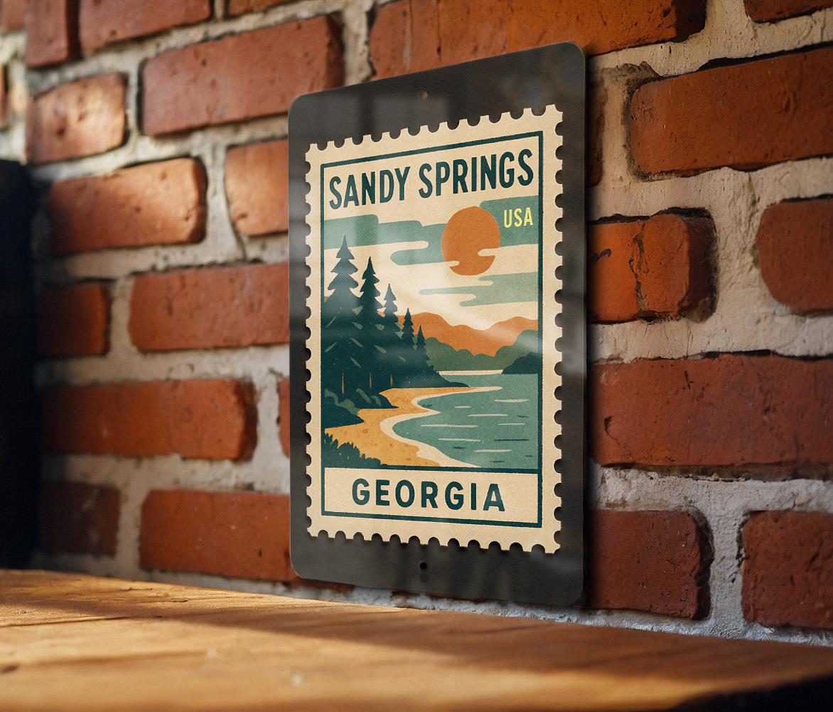 Sandy Springs Georgia Metal Sign – Retro Postage Stamp Design Featuring Iconic City Landmarks and Scenic Views — photo 1