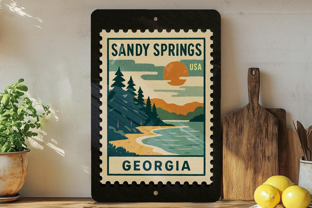 Sandy Springs Georgia Metal Sign – Retro Postage Stamp Design Featuring Iconic City Landmarks and Scenic Views — photo 2