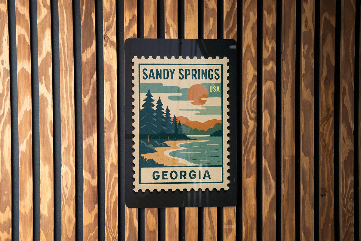 Sandy Springs Georgia Metal Sign – Retro Postage Stamp Design Featuring Iconic City Landmarks and Scenic Views — photo 3