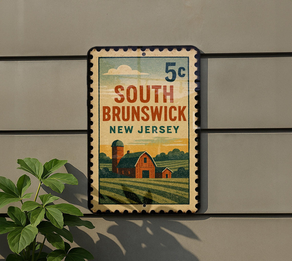 South Brunswick New Jersey Metal Sign – Retro Postage Stamp Design Featuring City Name and Vintage Travel Theme — photo 5