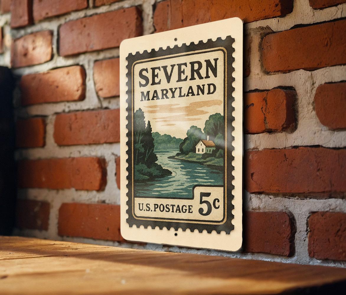 Severn Maryland Metal Sign Featuring Retro Postage Stamp Design with Cityscape and Local Landmark Theme — photo 1