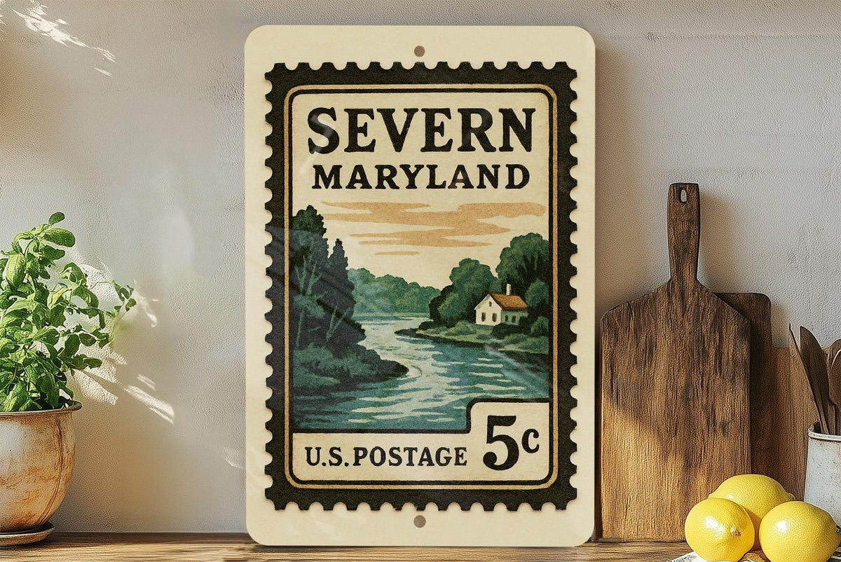 Severn Maryland Metal Sign Featuring Retro Postage Stamp Design with Cityscape and Local Landmark Theme — photo 2