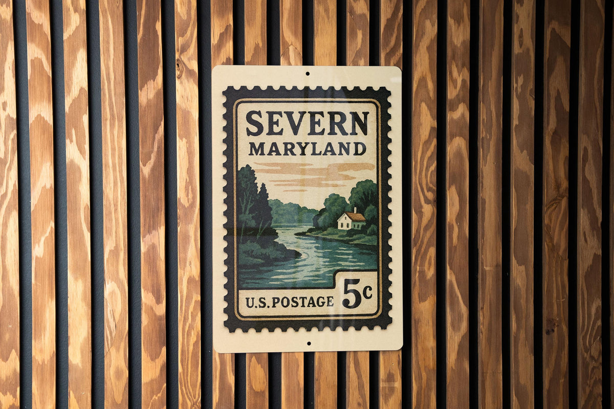 Severn Maryland Metal Sign Featuring Retro Postage Stamp Design with Cityscape and Local Landmark Theme — photo 3