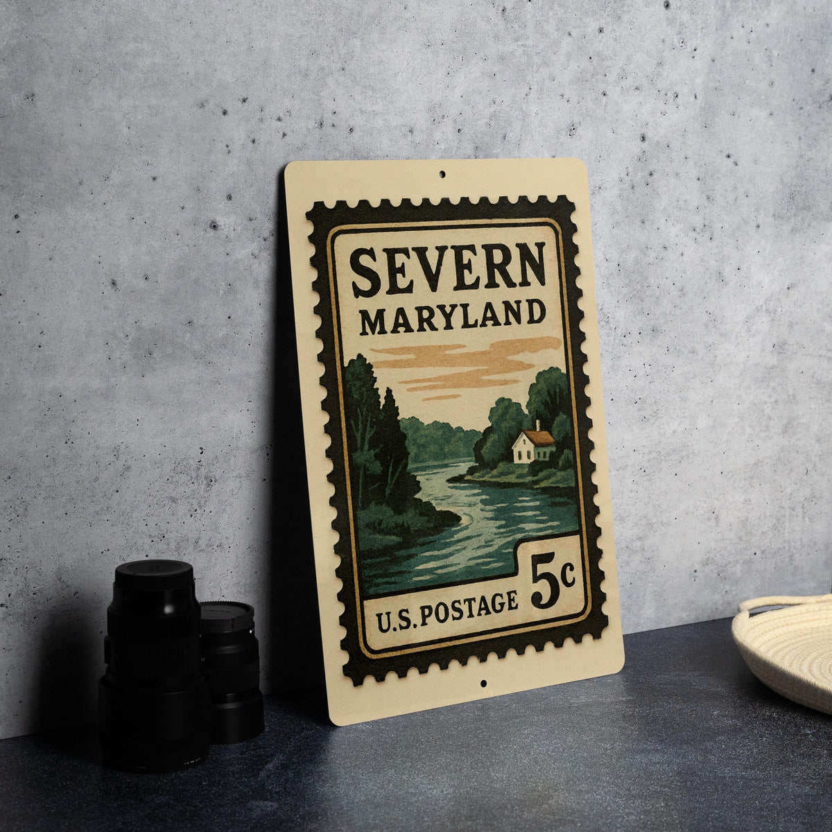 Severn Maryland Metal Sign Featuring Retro Postage Stamp Design with Cityscape and Local Landmark Theme — photo 4