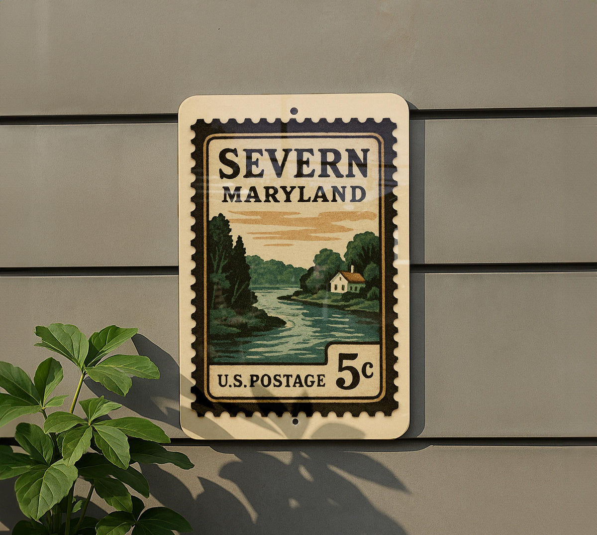 Severn Maryland Metal Sign Featuring Retro Postage Stamp Design with Cityscape and Local Landmark Theme — photo 5