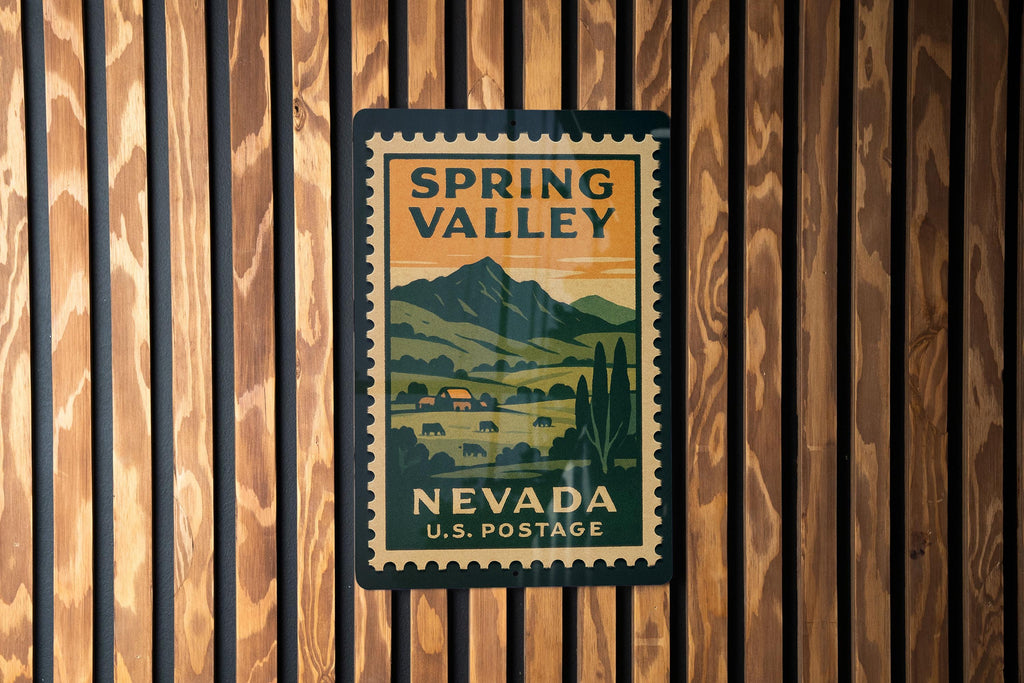 Spring Valley Nevada Metal Sign Featuring Retro Postage Stamp Design of Scenic Desert Landscape and Mountain View — photo 2