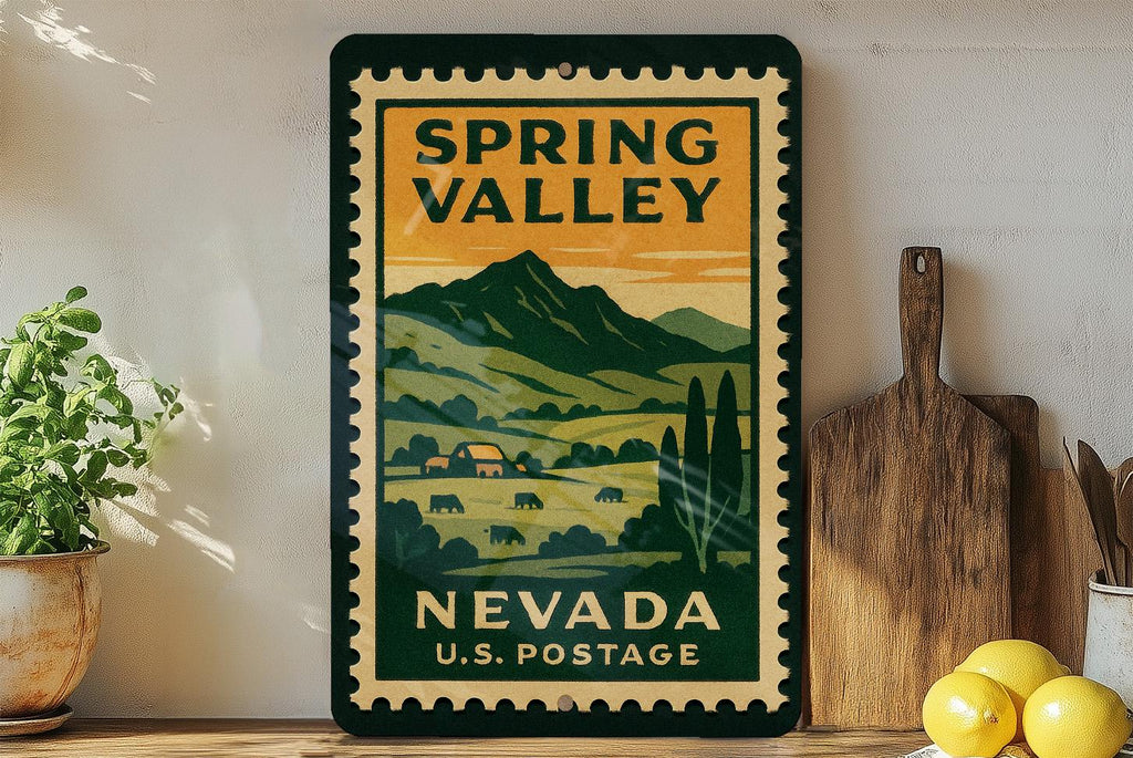 Spring Valley Nevada Metal Sign Featuring Retro Postage Stamp Design of Scenic Desert Landscape and Mountain View — photo 3