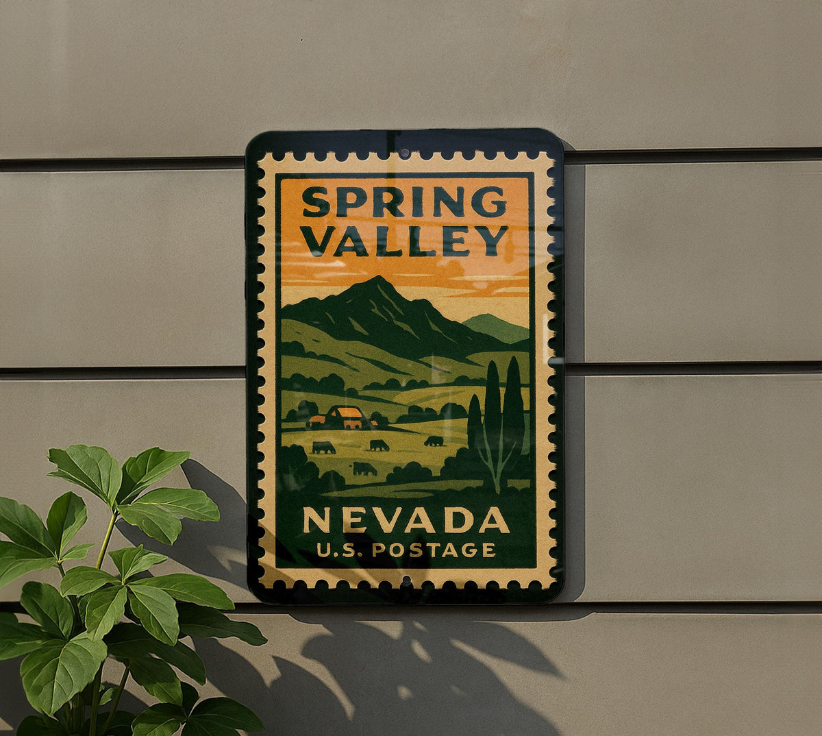 Spring Valley Nevada Metal Sign Featuring Retro Postage Stamp Design of Scenic Desert Landscape and Mountain View — photo 5