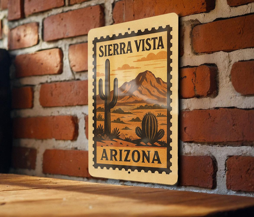 Sierra Vista Arizona Metal Sign Featuring Retro Postage Stamp Design of Scenic Desert Landscape and Mountains — photo 1