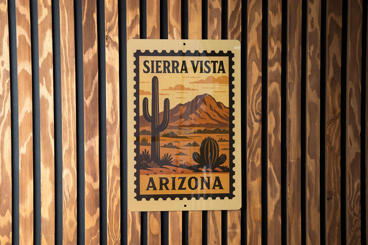 Sierra Vista Arizona Metal Sign Featuring Retro Postage Stamp Design of Scenic Desert Landscape and Mountains — photo 2