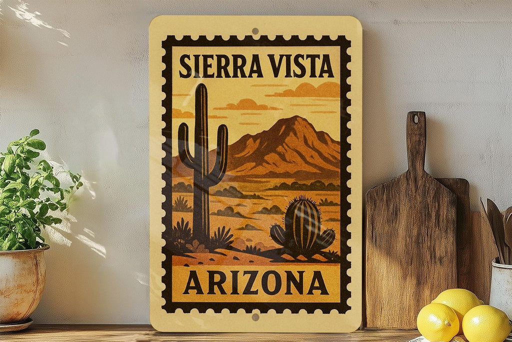 Sierra Vista Arizona Metal Sign Featuring Retro Postage Stamp Design of Scenic Desert Landscape and Mountains — photo 3