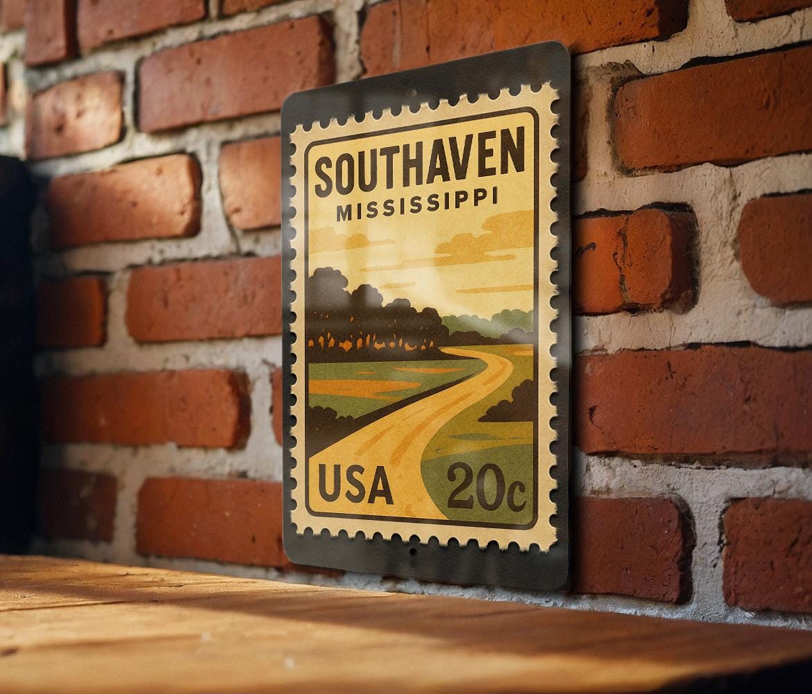 Southaven Mississippi Metal Sign Featuring Retro Postage Stamp Design of City Landmarks and Local Scenery — photo 1
