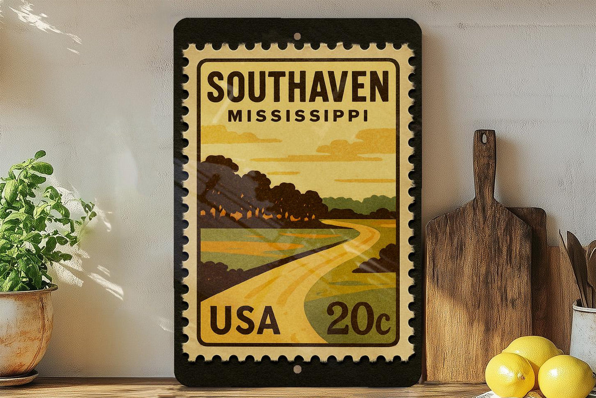 Southaven Mississippi Metal Sign Featuring Retro Postage Stamp Design of City Landmarks and Local Scenery — photo 2