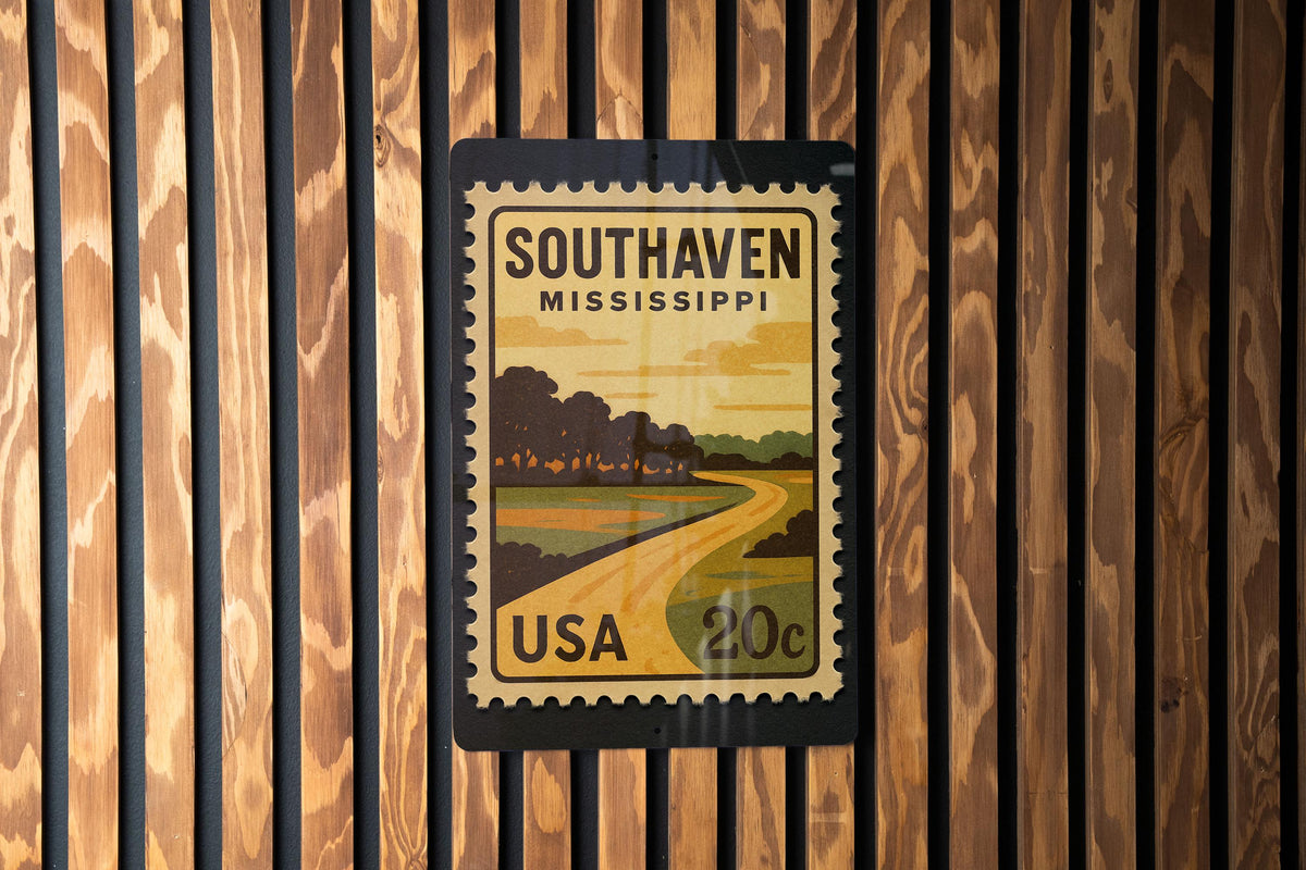 Southaven Mississippi Metal Sign Featuring Retro Postage Stamp Design of City Landmarks and Local Scenery — photo 3