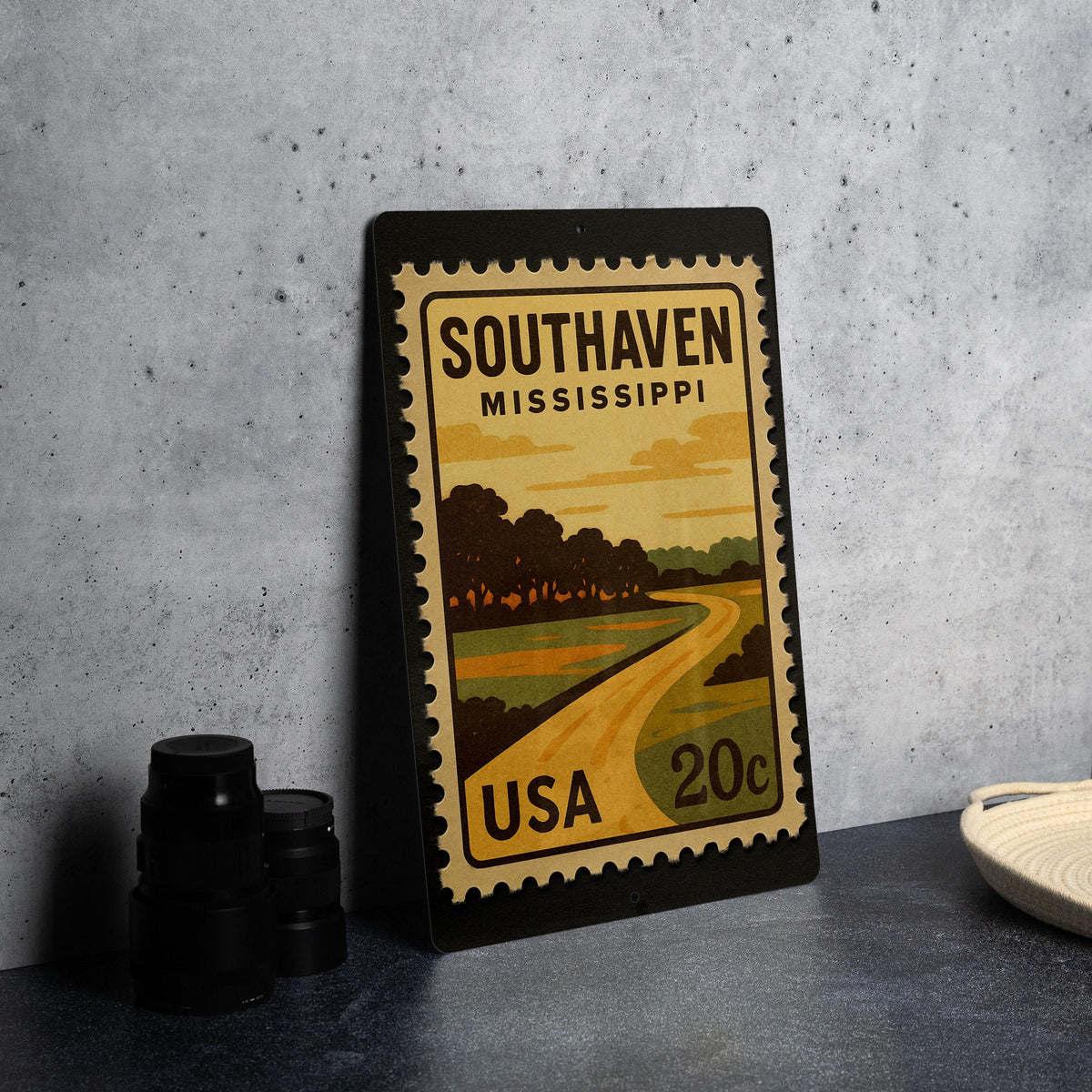 Southaven Mississippi Metal Sign Featuring Retro Postage Stamp Design of City Landmarks and Local Scenery — photo 4
