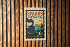 Sparks Nevada Metal Sign Featuring Retro Postage Stamp Design with Trains, Mountains, and Vintage Cityscape — photo 2