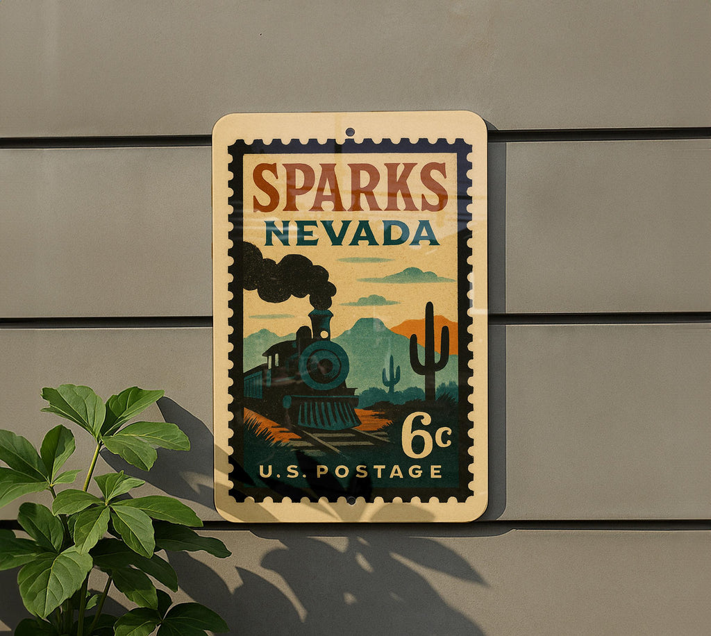 Sparks Nevada Metal Sign Featuring Retro Postage Stamp Design with Trains, Mountains, and Vintage Cityscape — photo 5