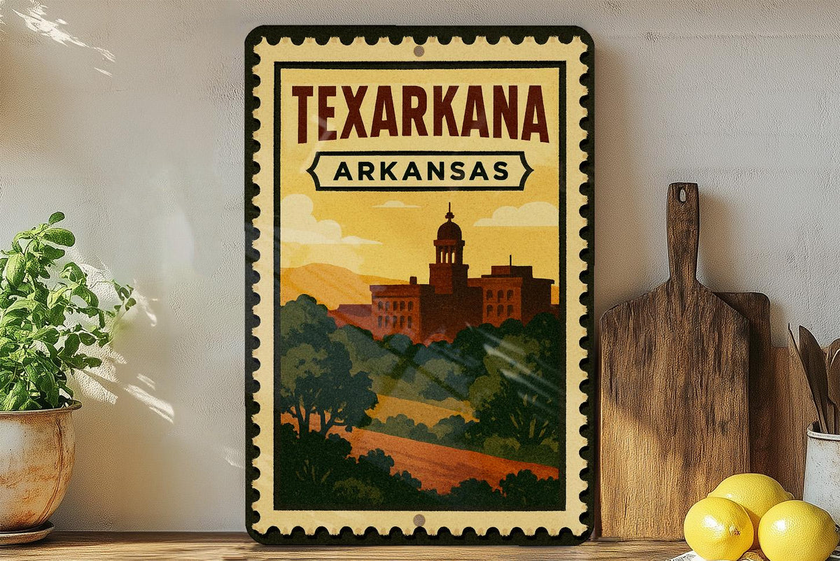 Texarkana Arkansas Metal Sign – Retro Postage Stamp Design Featuring Cityscape and State Border Theme Decor — photo 1