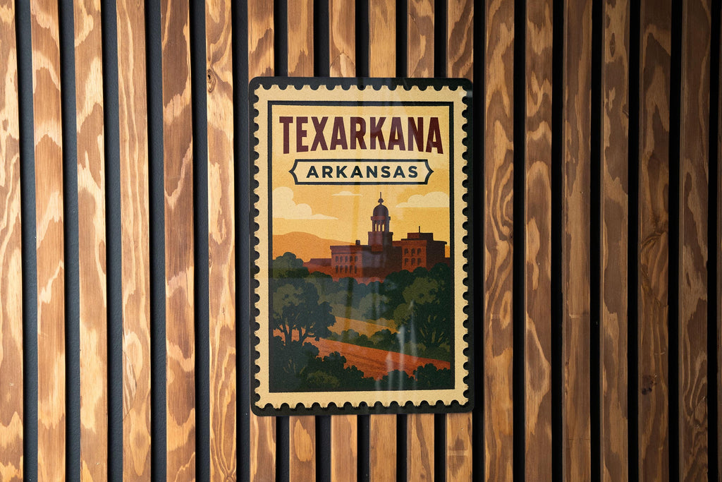 Texarkana Arkansas Metal Sign – Retro Postage Stamp Design Featuring Cityscape and State Border Theme Decor — photo 2