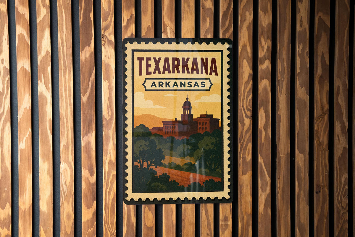Texarkana Arkansas Metal Sign – Retro Postage Stamp Design Featuring Cityscape and State Border Theme Decor — photo 2
