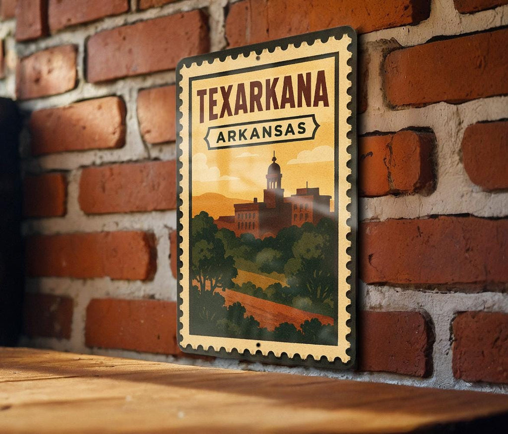 Texarkana Arkansas Metal Sign – Retro Postage Stamp Design Featuring Cityscape and State Border Theme Decor — photo 3