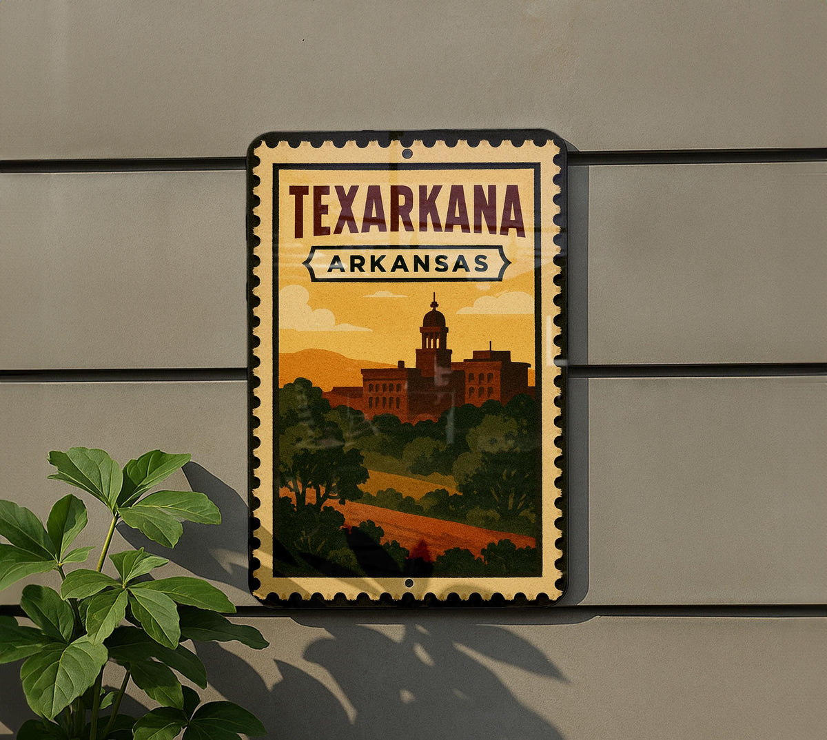 Texarkana Arkansas Metal Sign – Retro Postage Stamp Design Featuring Cityscape and State Border Theme Decor — photo 5