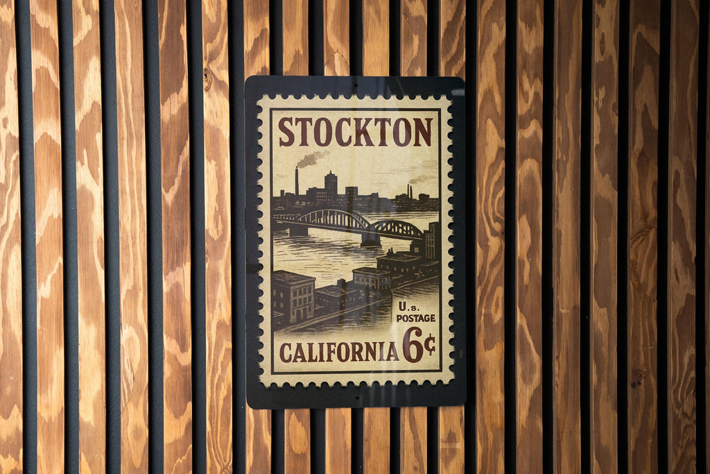 Stockton California Metal Sign – Vintage Postage Stamp Design Featuring City Name and Scenic Elements — photo 1