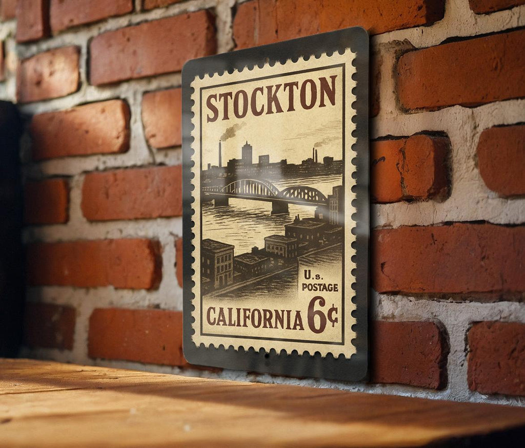 Stockton California Metal Sign – Vintage Postage Stamp Design Featuring City Name and Scenic Elements — photo 2