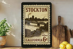Stockton California Metal Sign – Vintage Postage Stamp Design Featuring City Name and Scenic Elements — photo 3