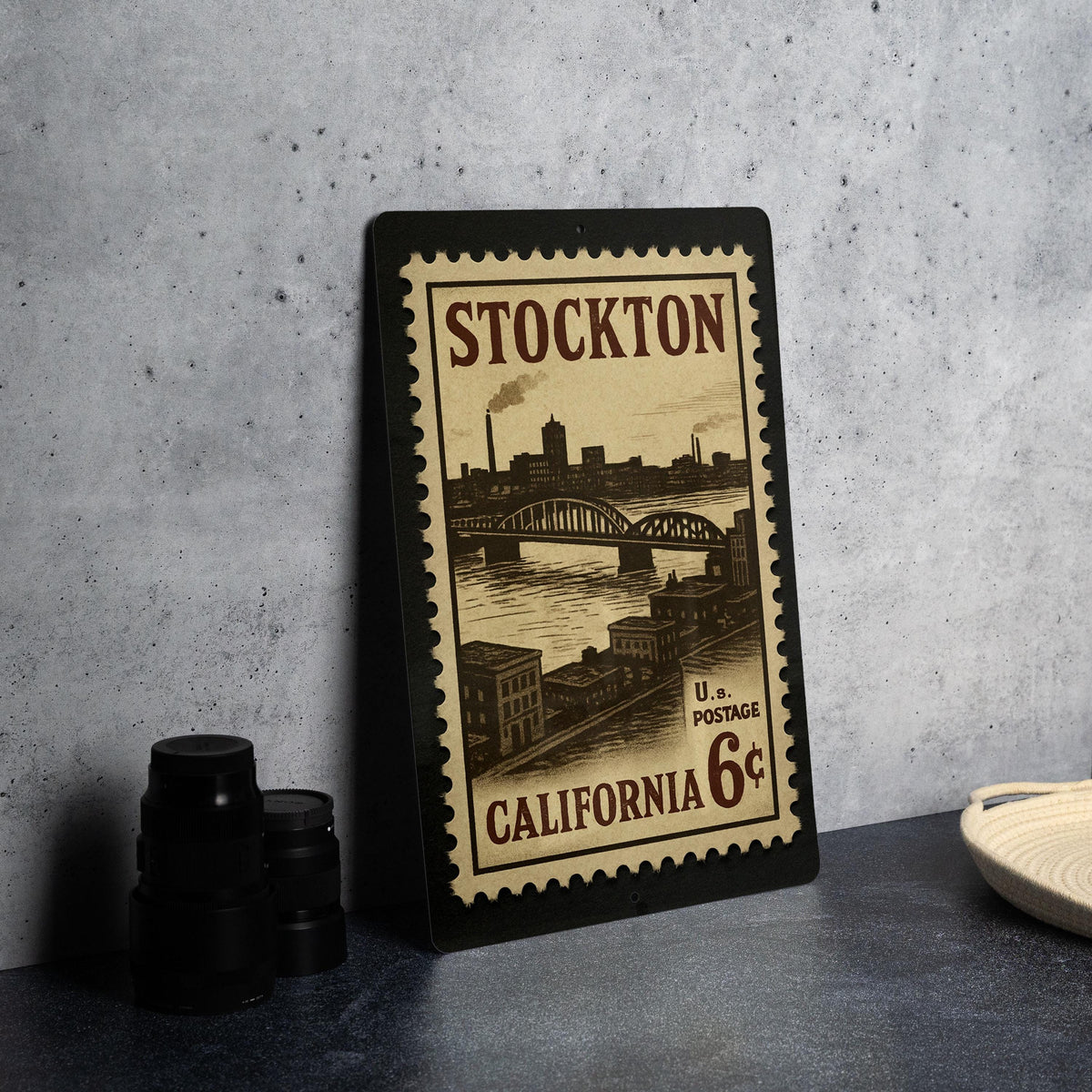 Stockton California Metal Sign – Vintage Postage Stamp Design Featuring City Name and Scenic Elements — photo 4