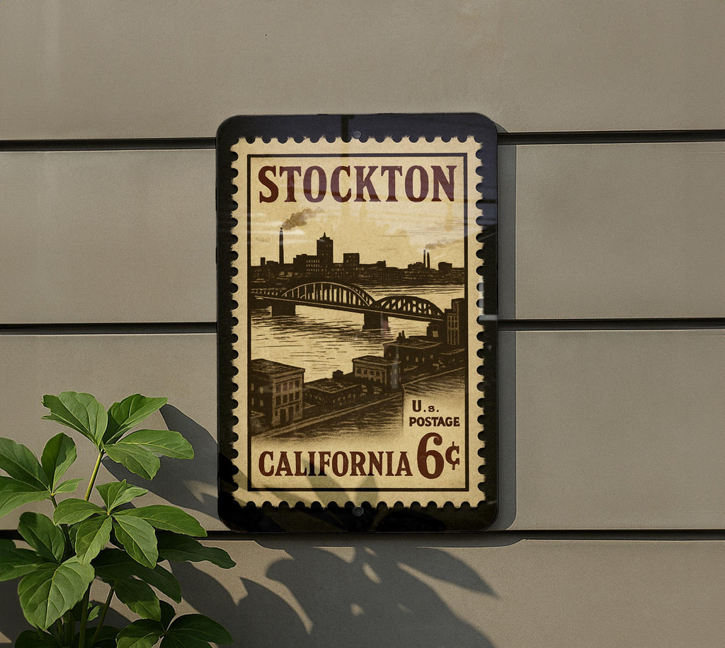Stockton California Metal Sign – Vintage Postage Stamp Design Featuring City Name and Scenic Elements — photo 5