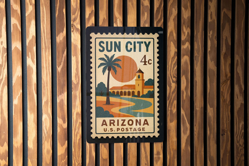 Sun City Arizona Metal Sign Featuring Vintage Postage Stamp Design with Desert Scene and Palm Trees — photo 2