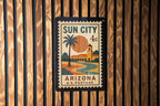 Sun City Arizona Metal Sign Featuring Vintage Postage Stamp Design with Desert Scene and Palm Trees — photo 2