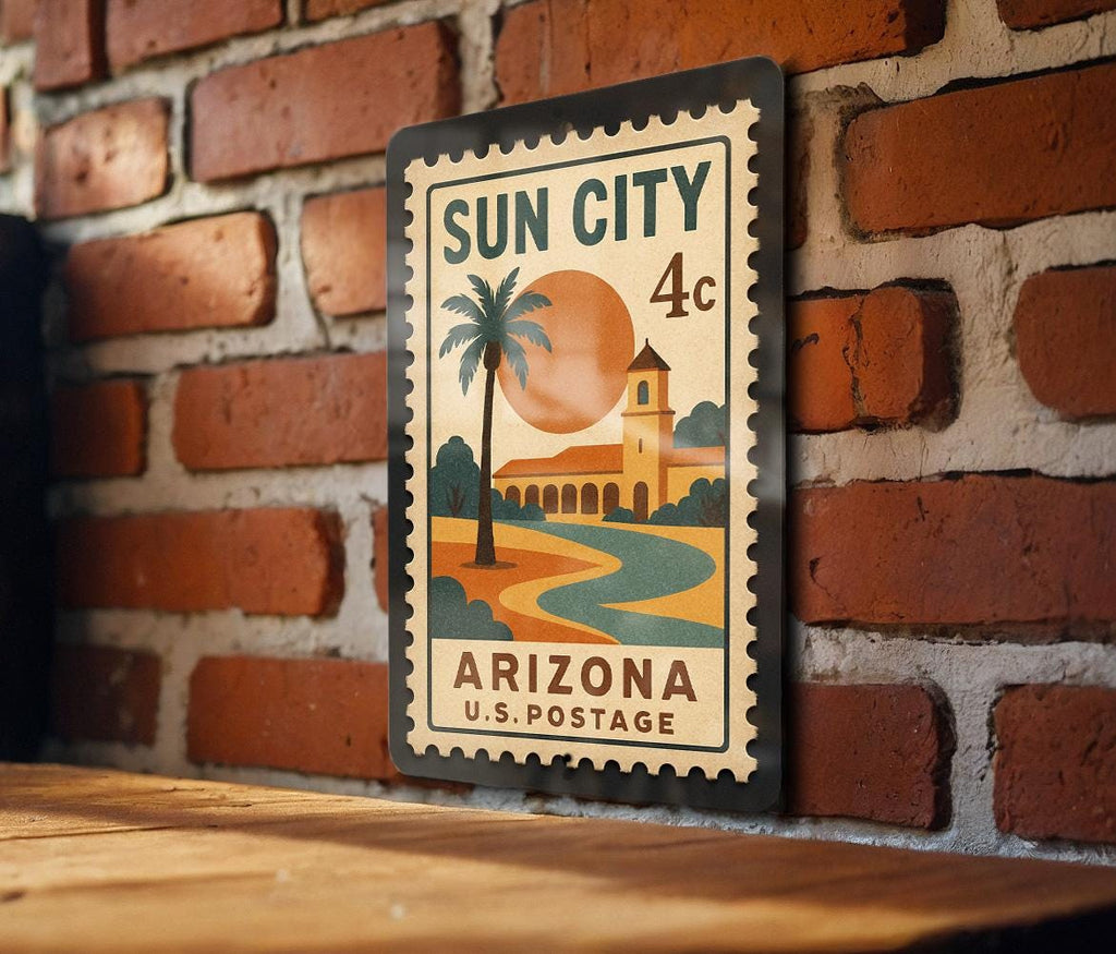 Sun City Arizona Metal Sign Featuring Vintage Postage Stamp Design with Desert Scene and Palm Trees — photo 3