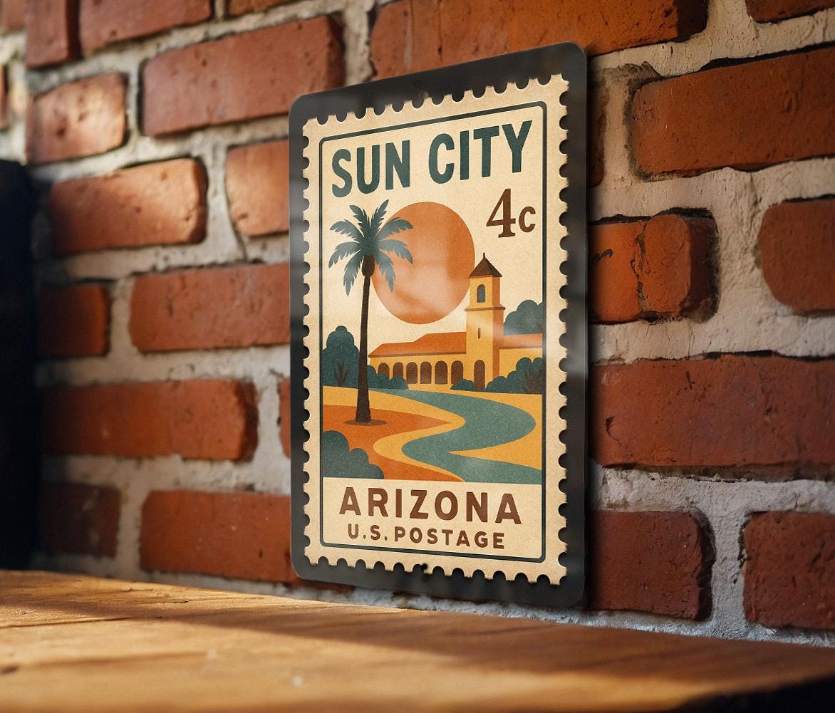 Sun City Arizona Metal Sign Featuring Vintage Postage Stamp Design with Desert Scene and Palm Trees — photo 3
