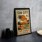 Sun City Arizona Metal Sign Featuring Vintage Postage Stamp Design with Desert Scene and Palm Trees — photo 4