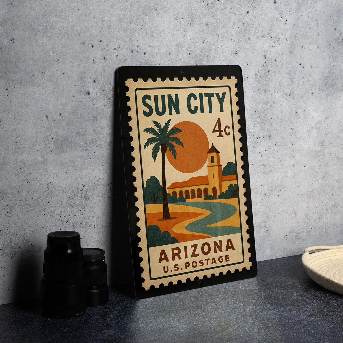 Sun City Arizona Metal Sign Featuring Vintage Postage Stamp Design with Desert Scene and Palm Trees — photo 4