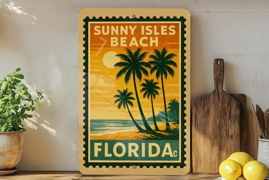 Sunny Isles Beach Florida Metal Sign – Retro Postage Stamp Design Featuring Coastal Scene and City Name Display — photo 1