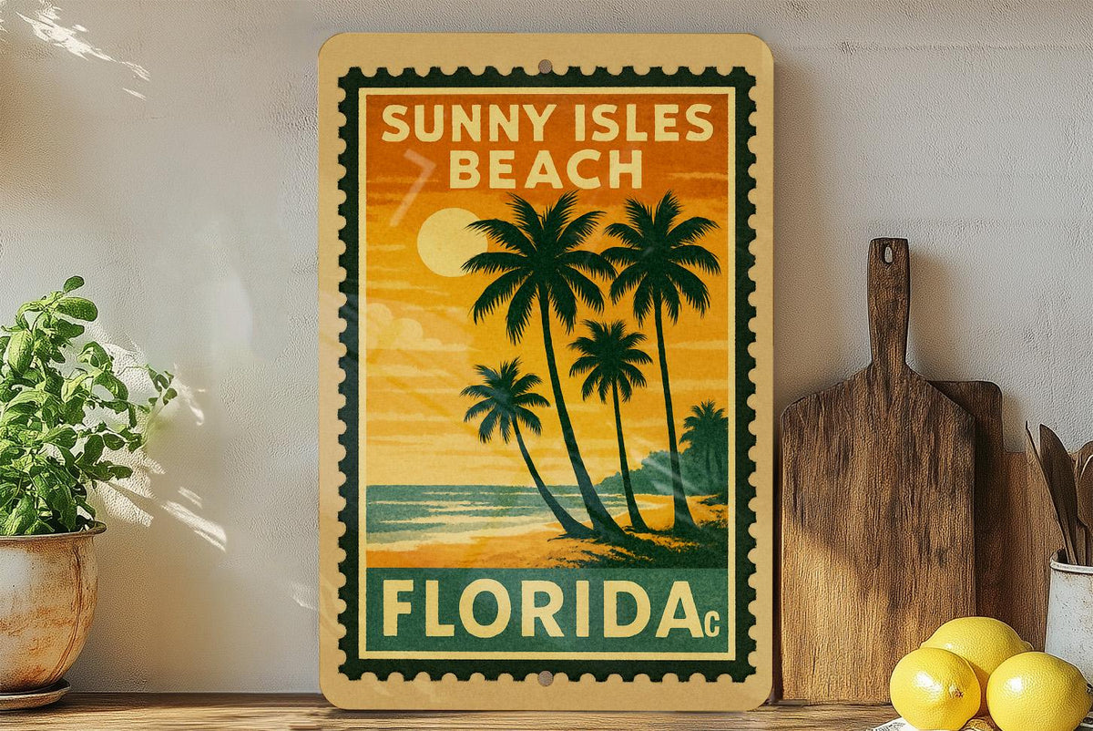 Sunny Isles Beach Florida Metal Sign – Retro Postage Stamp Design Featuring Coastal Scene and City Name Display — photo 1