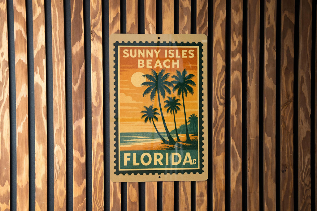 Sunny Isles Beach Florida Metal Sign – Retro Postage Stamp Design Featuring Coastal Scene and City Name Display — photo 2