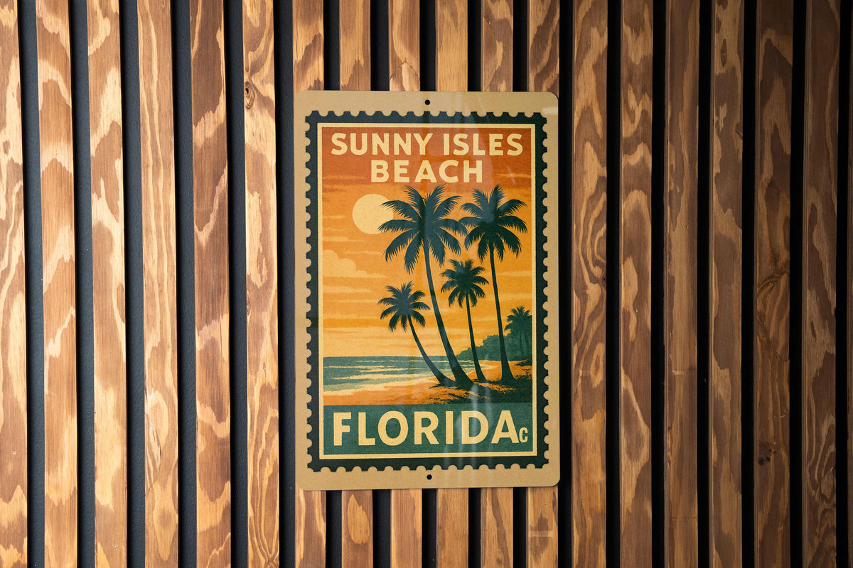 Sunny Isles Beach Florida Metal Sign – Retro Postage Stamp Design Featuring Coastal Scene and City Name Display — photo 2