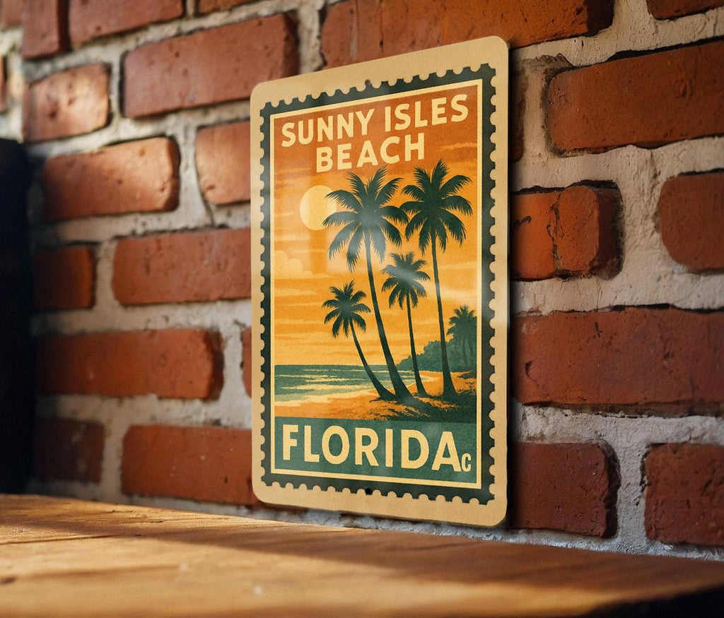 Sunny Isles Beach Florida Metal Sign – Retro Postage Stamp Design Featuring Coastal Scene and City Name Display — photo 3