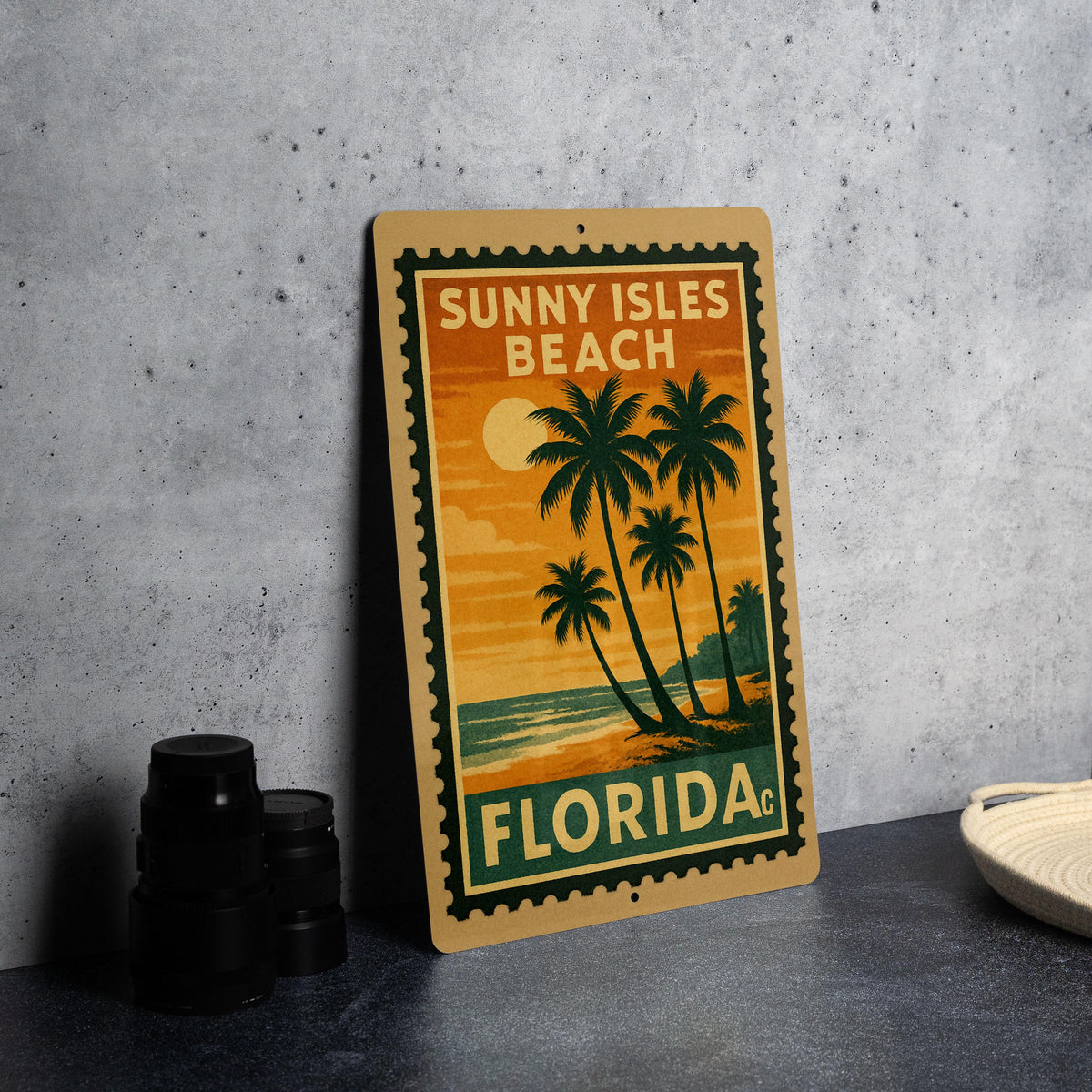 Sunny Isles Beach Florida Metal Sign – Retro Postage Stamp Design Featuring Coastal Scene and City Name Display — photo 4