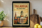 Talladega Alabama Metal Sign – Retro Postage Stamp Design Featuring City Name and Scenic Landmark Theme — photo 1