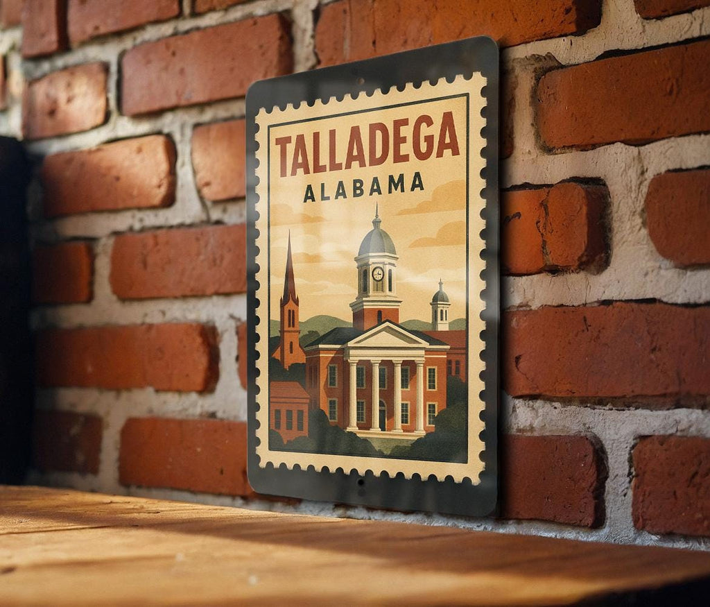 Talladega Alabama Metal Sign – Retro Postage Stamp Design Featuring City Name and Scenic Landmark Theme — photo 2