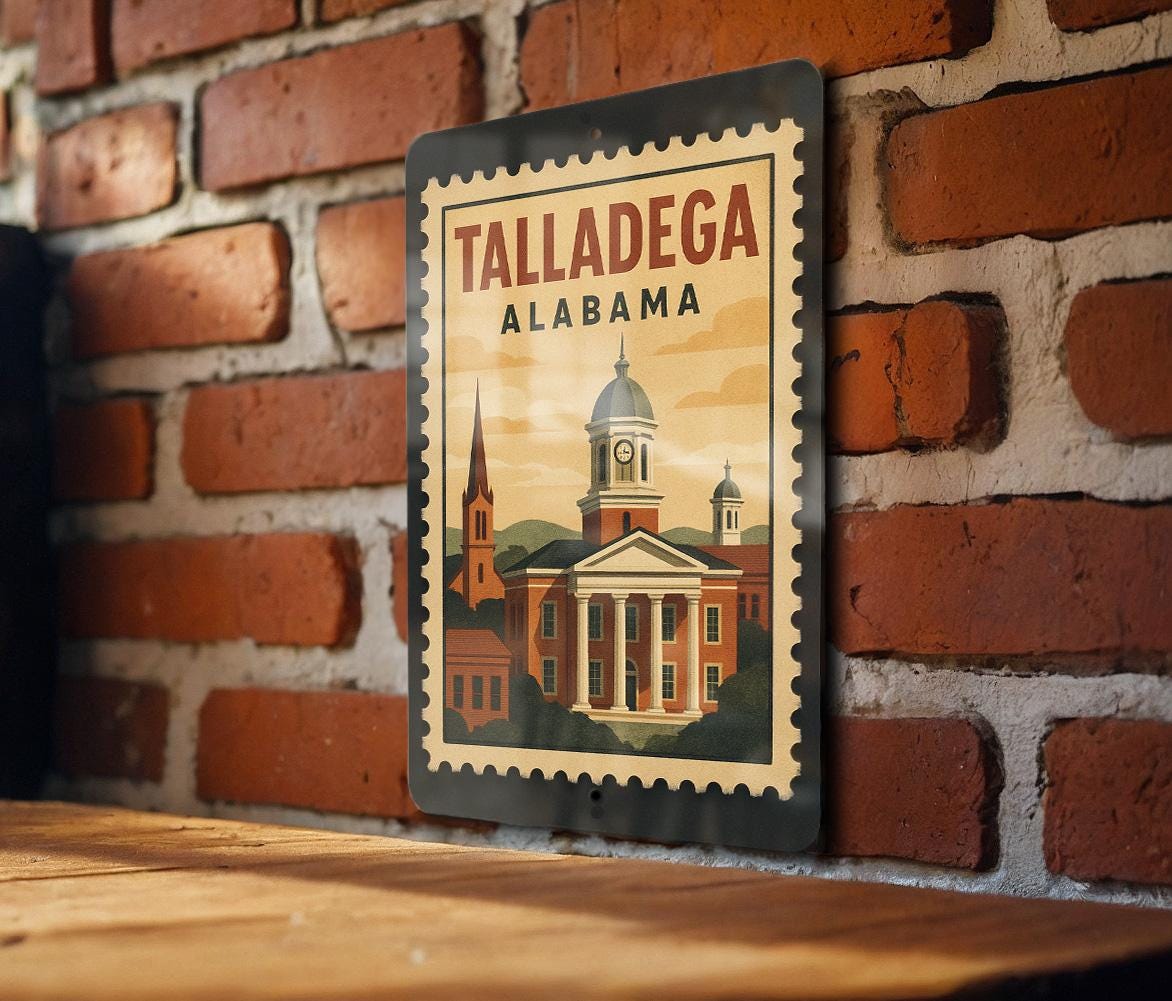 Talladega Alabama Metal Sign – Retro Postage Stamp Design Featuring City Name and Scenic Landmark Theme — photo 2