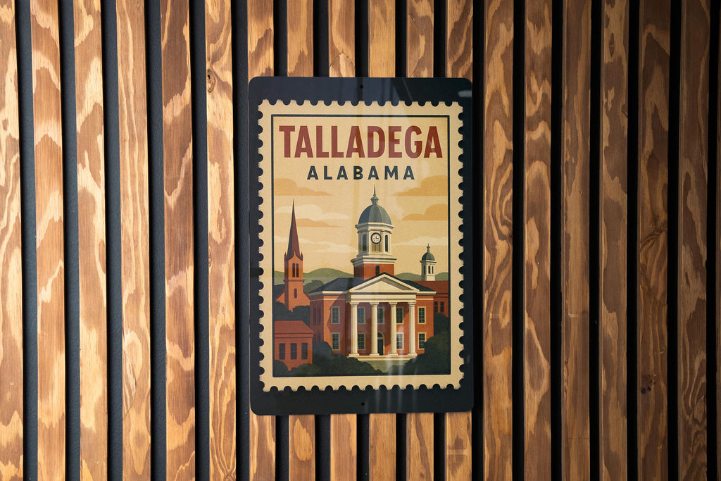 Talladega Alabama Metal Sign – Retro Postage Stamp Design Featuring City Name and Scenic Landmark Theme — photo 3